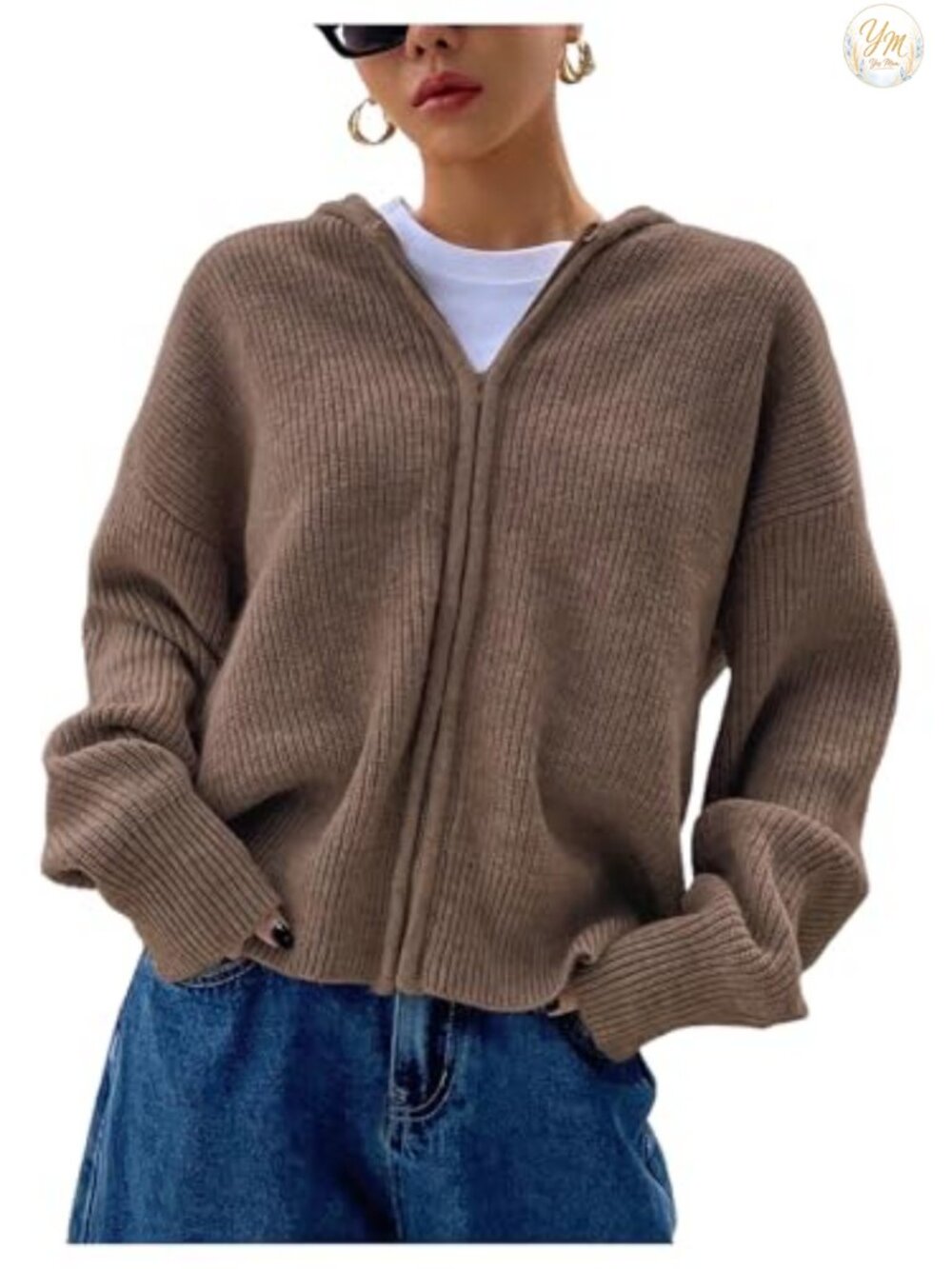 Rib Knit Zip Up Hooded Cardigan Sweater for Women Long Sleeve Lightweight